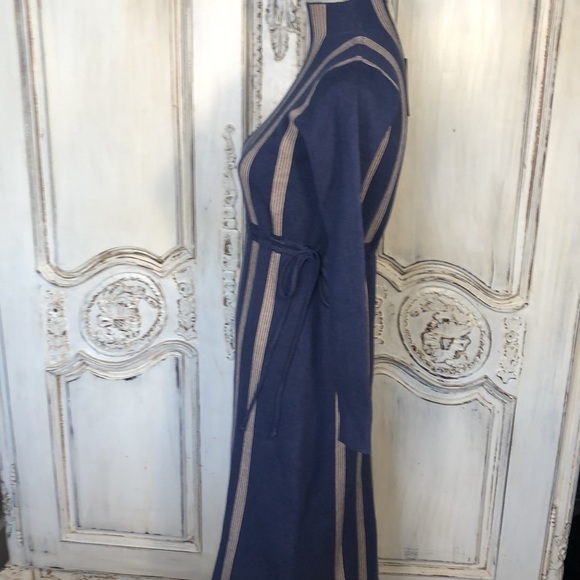 New Fashion Cadet Blue with Cream Strips Mock Neck Self Belts Long Sleeve Dress - Picture 8 of 12